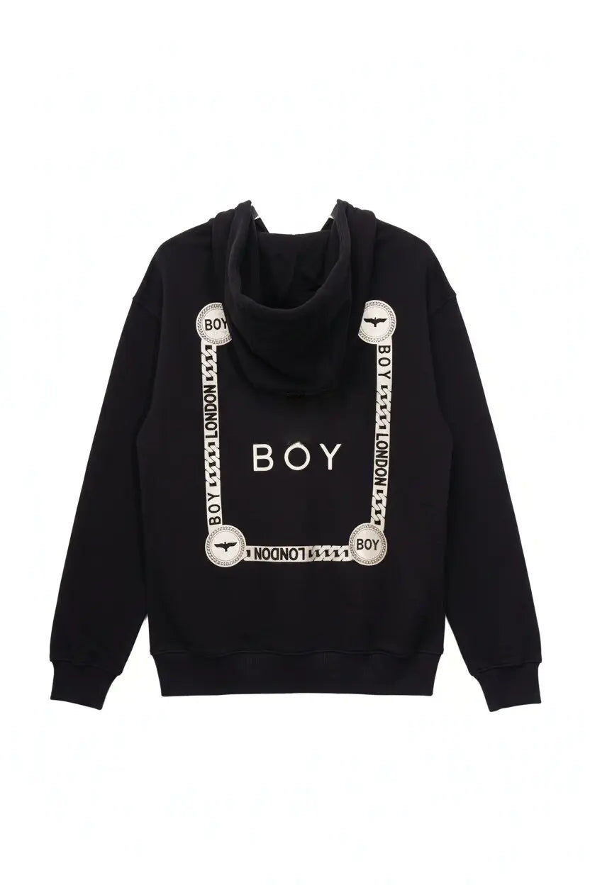 Black hoodie with 'BOY' branding on a white background, Rhinestone Bear “TECHNO” Zip-Up Hoodie