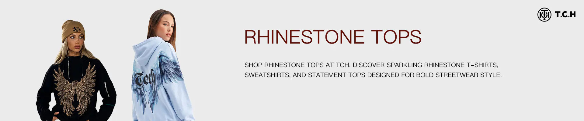A promotional banner for 'RHINESTONE TOPS' featuring two models on a white background. On the left, a woman wears a black t-shirt with a rhinestone-embellished graphic.