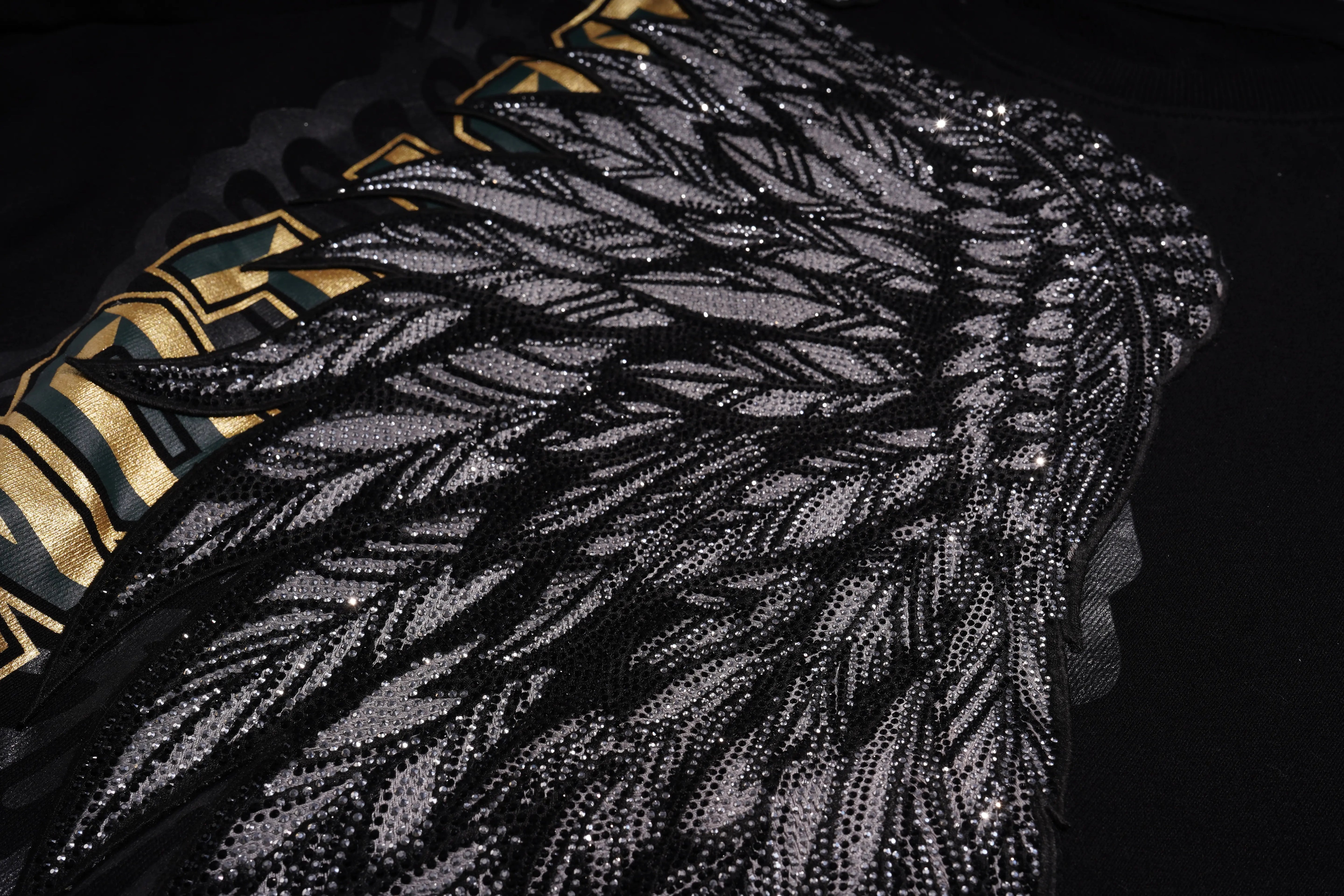 Close-up of a black and gold patterned fabric with a dark background, Rhinestone Wing Embroidered Sweatshirt