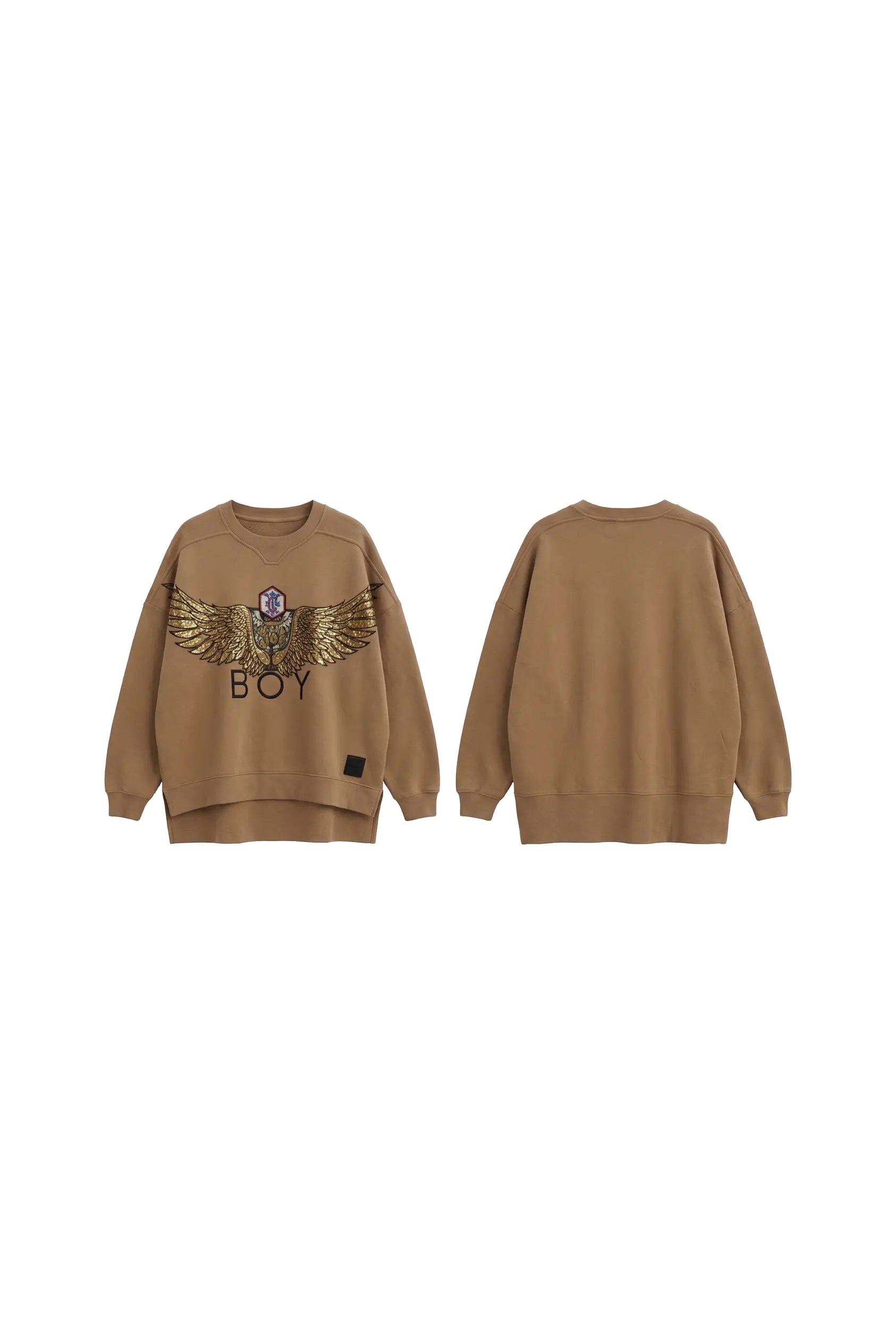 Brown sweatshirt with eagle design and 'BOY' text on a white background, Rhinestone Wing Logo Sweatshirt