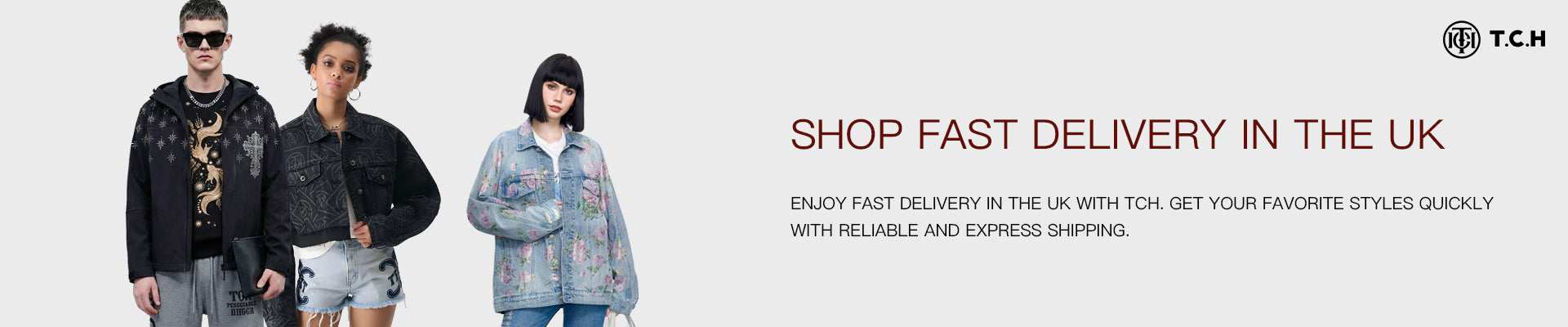 Three people wearing jackets with text about fast delivery services on a white background, Shop Fast Delivery in the UK