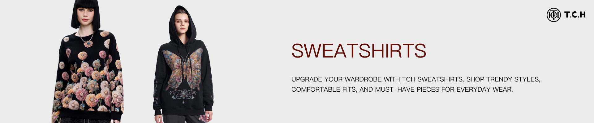 Two black sweatshirts with floral patterns on a white background, featuring text about sweatshirt styles.