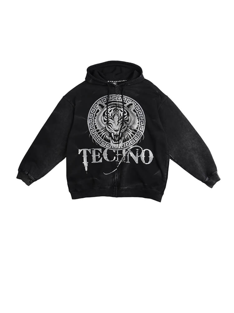 TCH Distressed Tiger Rhinestone Hoodie Jacket