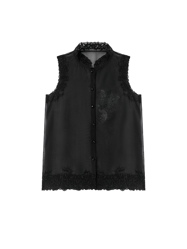 TCH Silk Butterfly Rhinestone Button Lace Vest