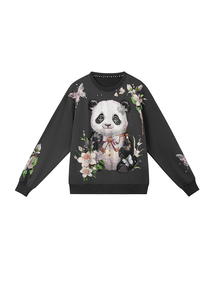 TCH Rhinestone Panda&Flower Print Sweatshirt