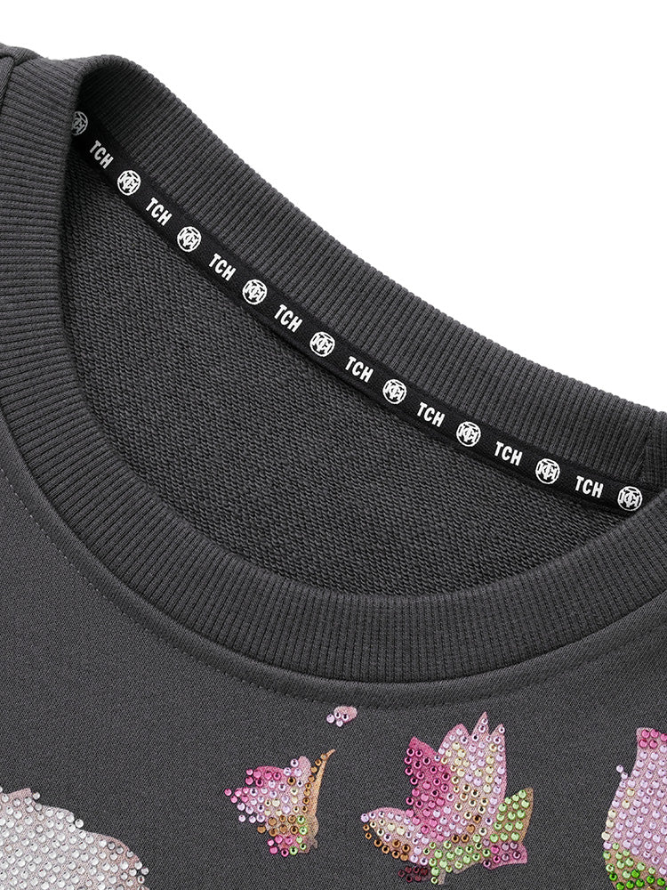 TCH Rhinestone Panda&Flower Print Sweatshirt