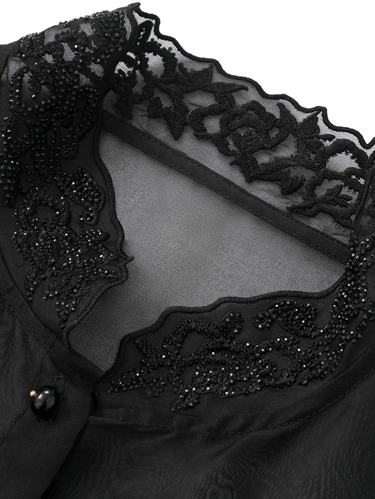 TCH Silk Butterfly Rhinestone Button Lace Shirt