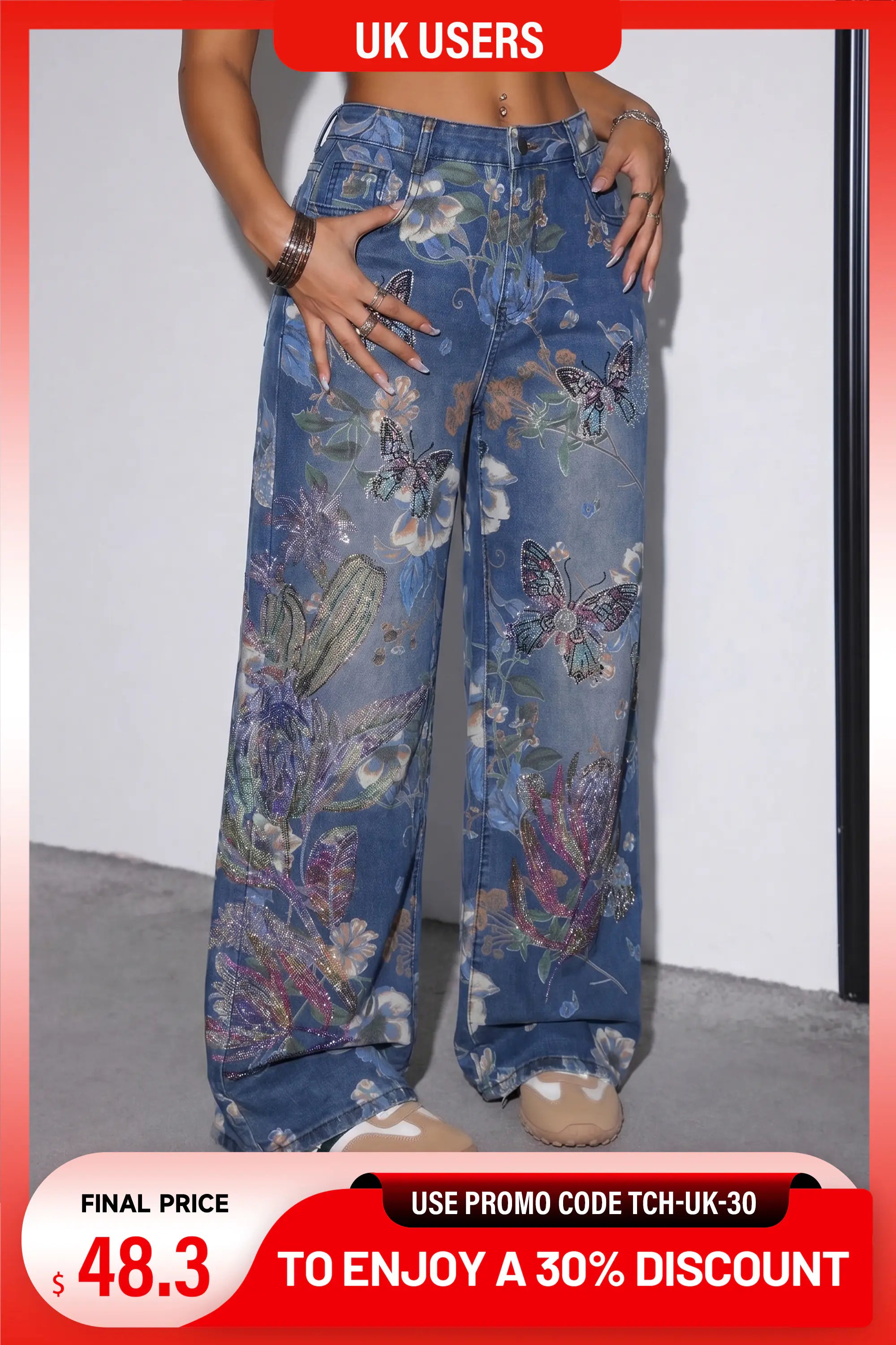 TCH Rhinestone Butterfly Floral Print Denim Jeans - UK