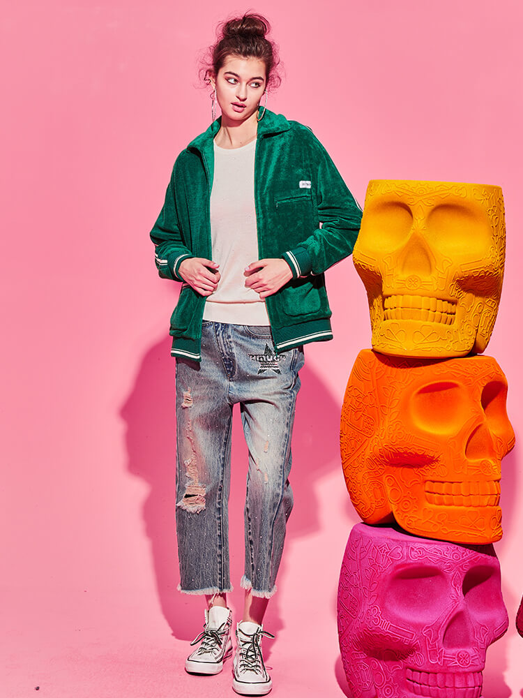 TCH Rhinestone Sherpa Fleece Baseball Jacket