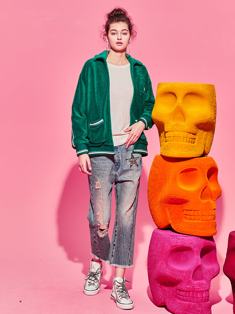 TCH Rhinestone Sherpa Fleece Baseball Jacket