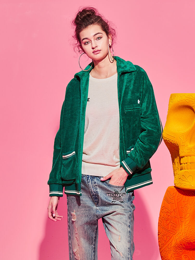 TCH Rhinestone Sherpa Fleece Baseball Jacket