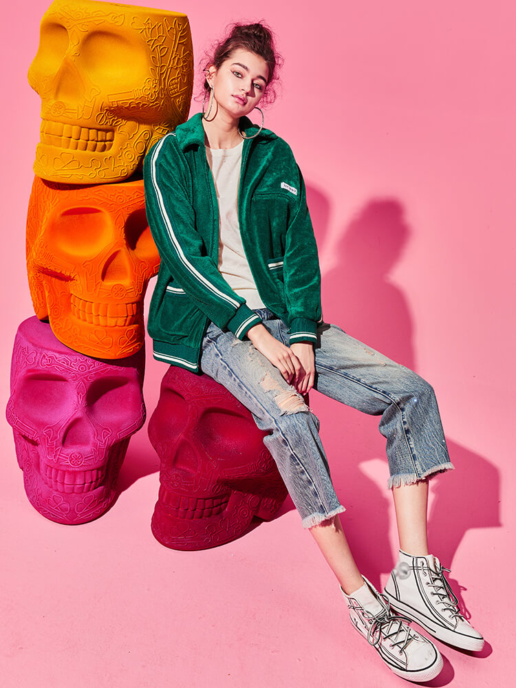 TCH Rhinestone Sherpa Fleece Baseball Jacket