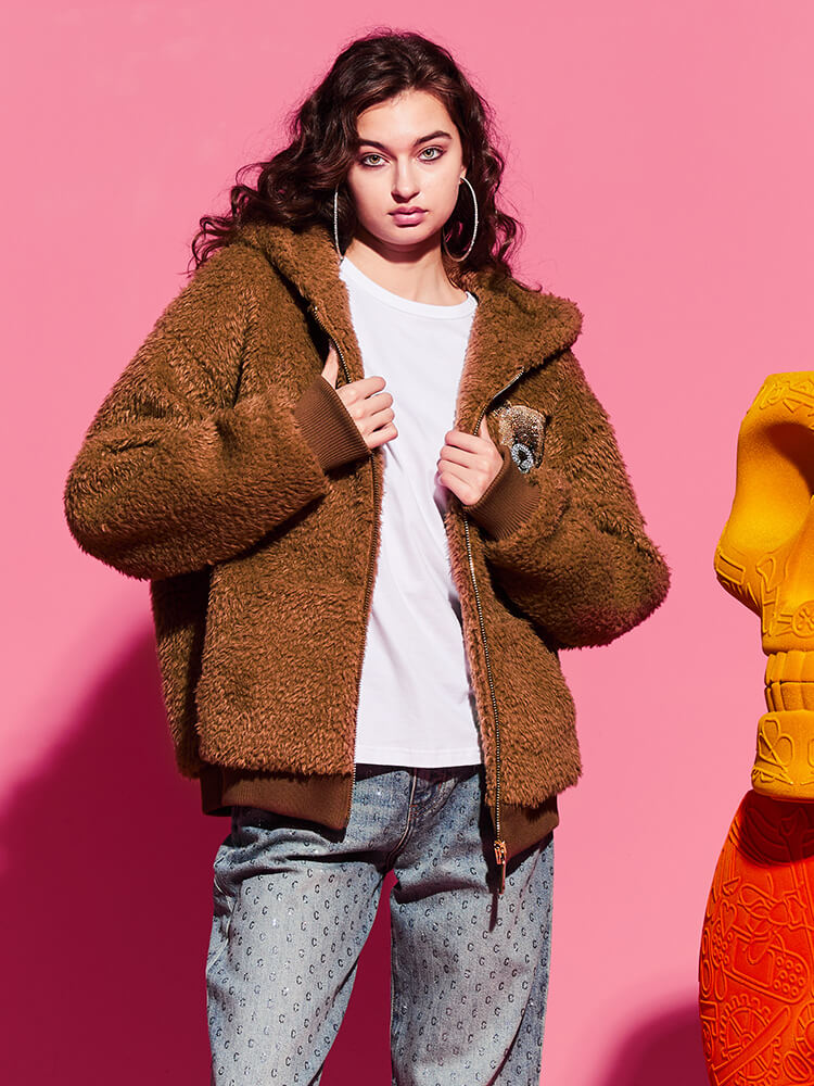 TCH Teddy Bear Rhinestone Sherpa Hooded Jacket