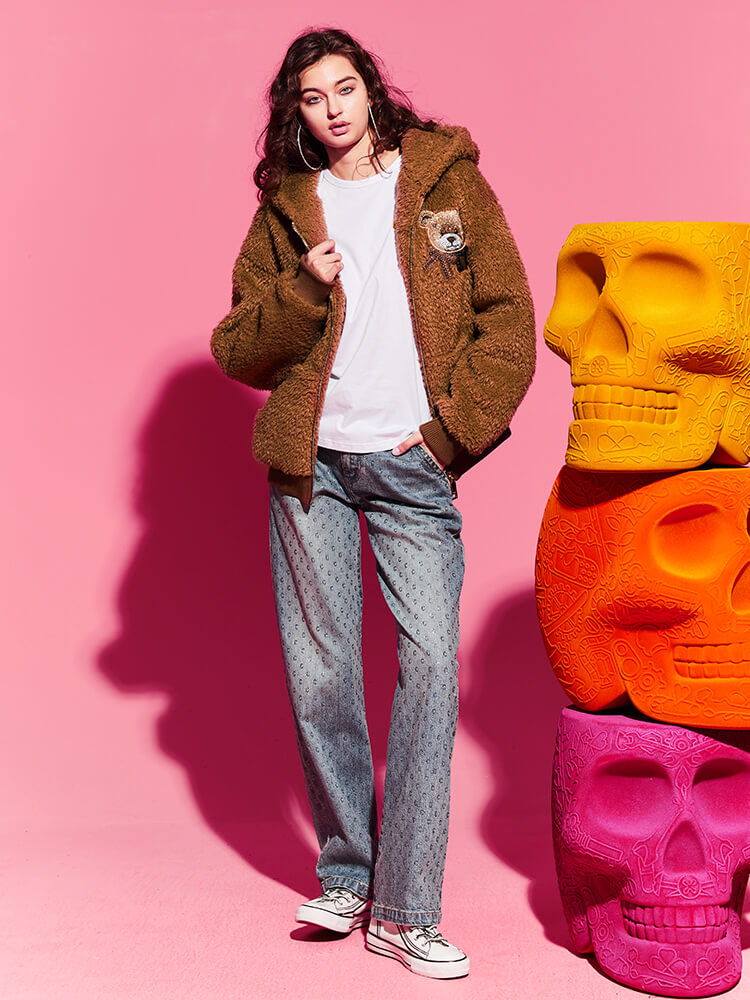 TCH Teddy Bear Rhinestone Sherpa Hooded Jacket