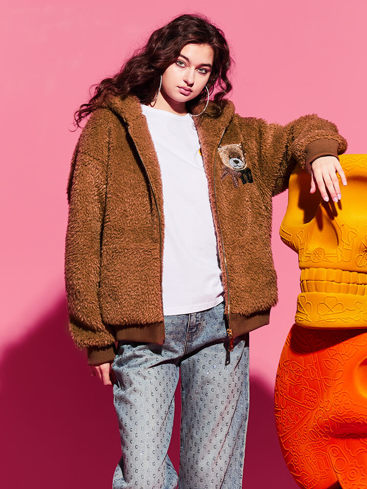 TCH Teddy Bear Rhinestone Sherpa Hooded Jacket