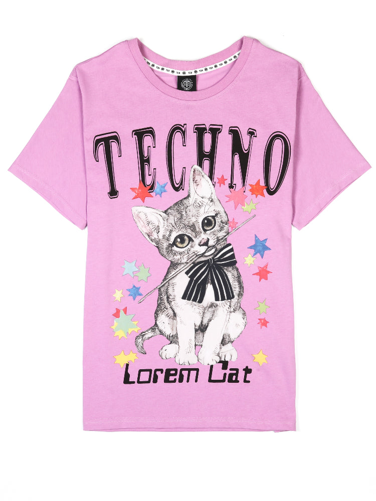 TCH Rhinestone Cat Printed Crew Neck T-shirt