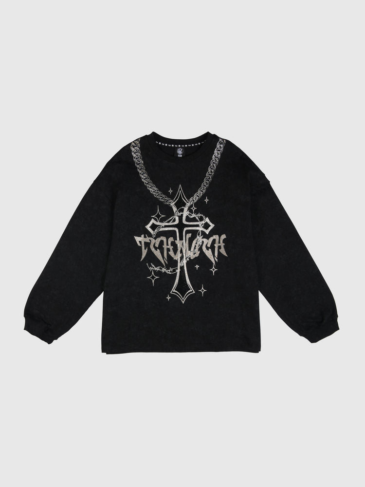 TCH Men Rhinestone-Embedded Punk Cross Graphic Top