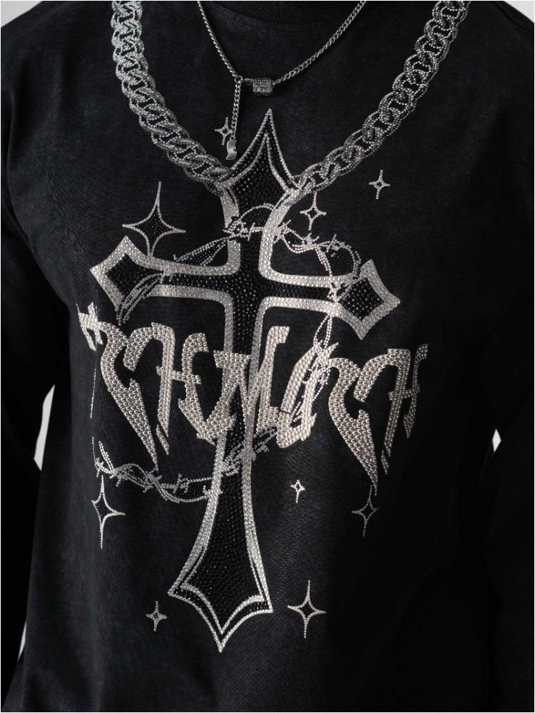 TCH Men Rhinestone-Embedded Punk Cross Graphic Top