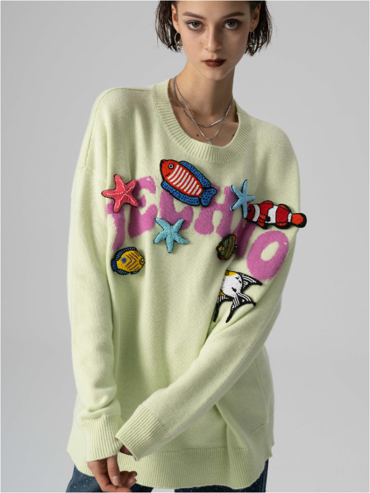 TCH Embroidered Drop Shoulder Sleeve Crew Neck Sweater