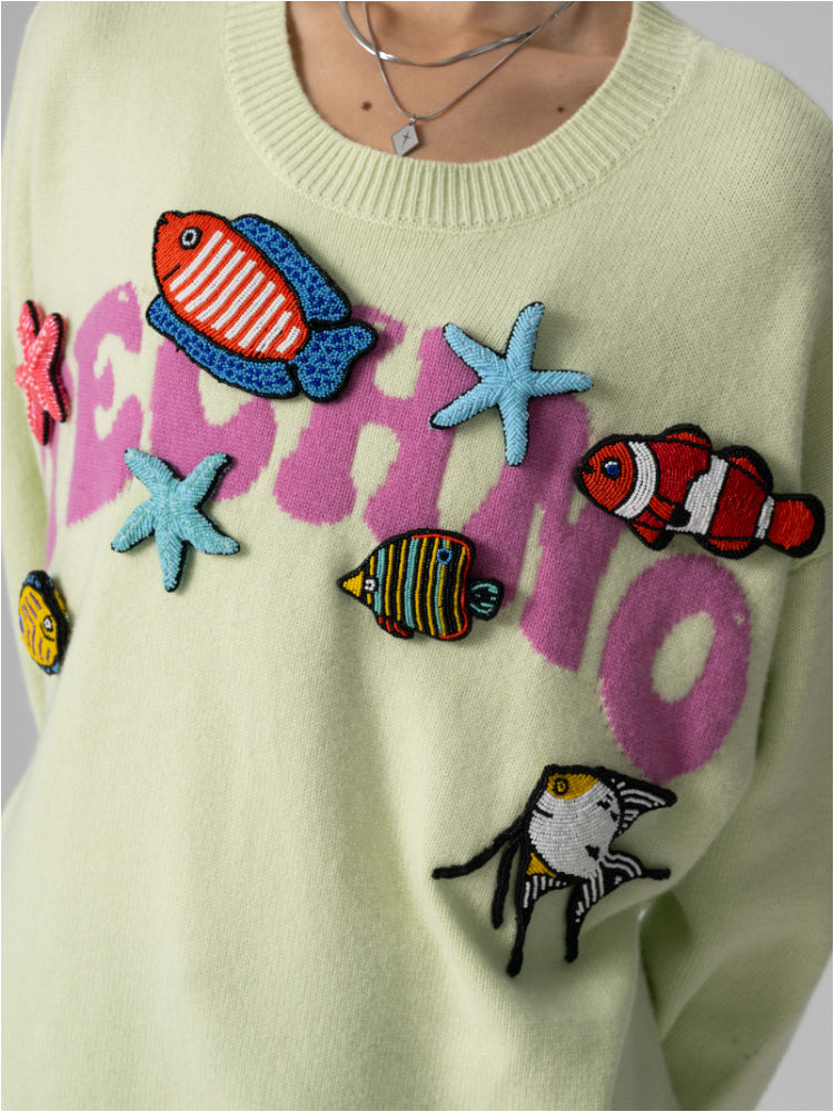 TCH Embroidered Drop Shoulder Sleeve Crew Neck Sweater