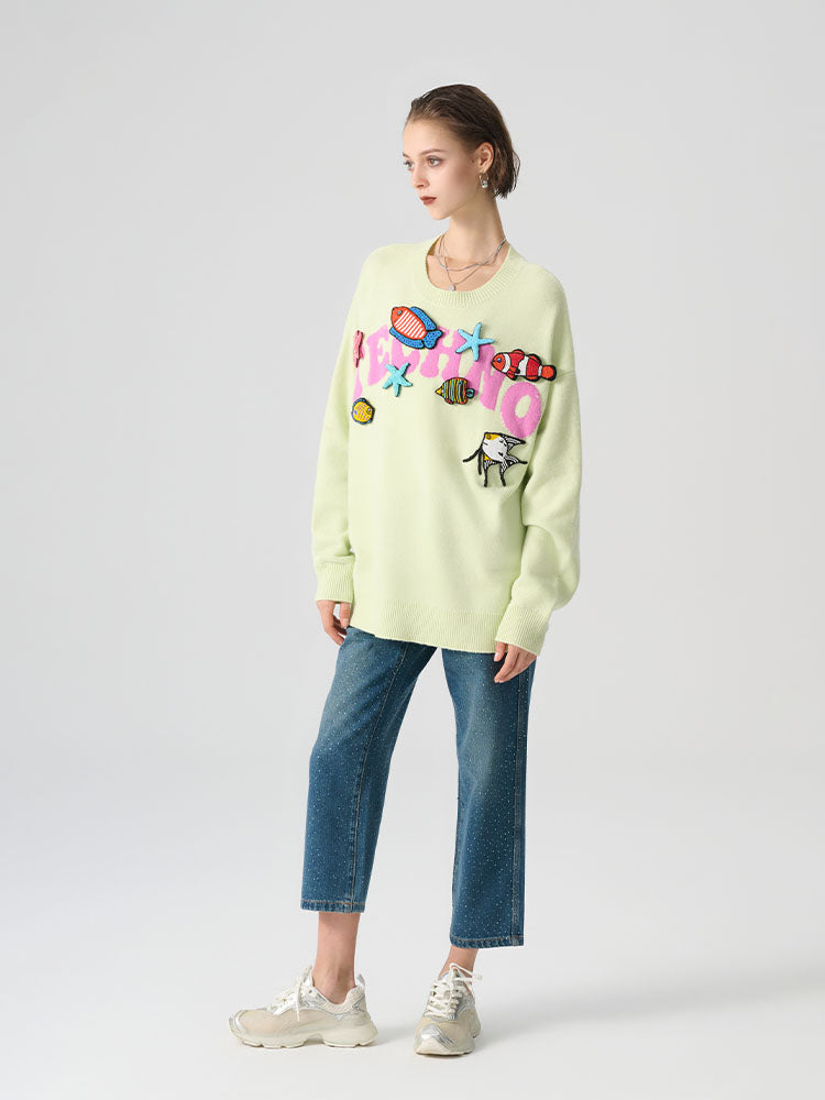 TCH Embroidered Drop Shoulder Sleeve Crew Neck Sweater