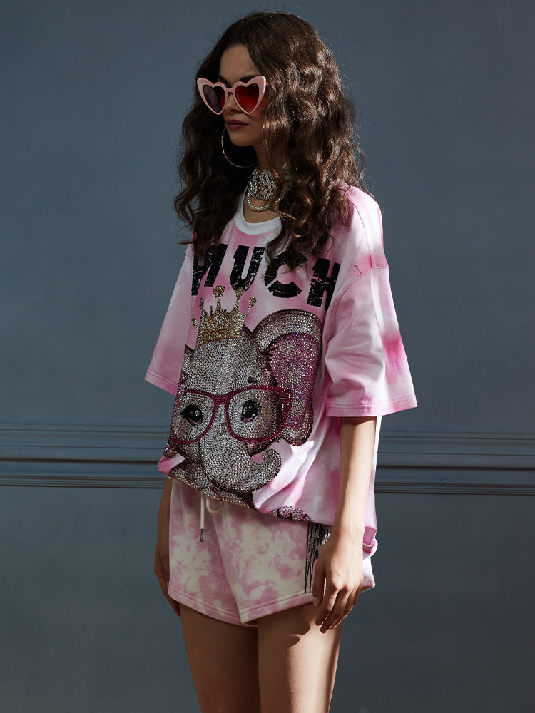 TCH Fashion Diamond-Embedded Pink Elephant T-shirt