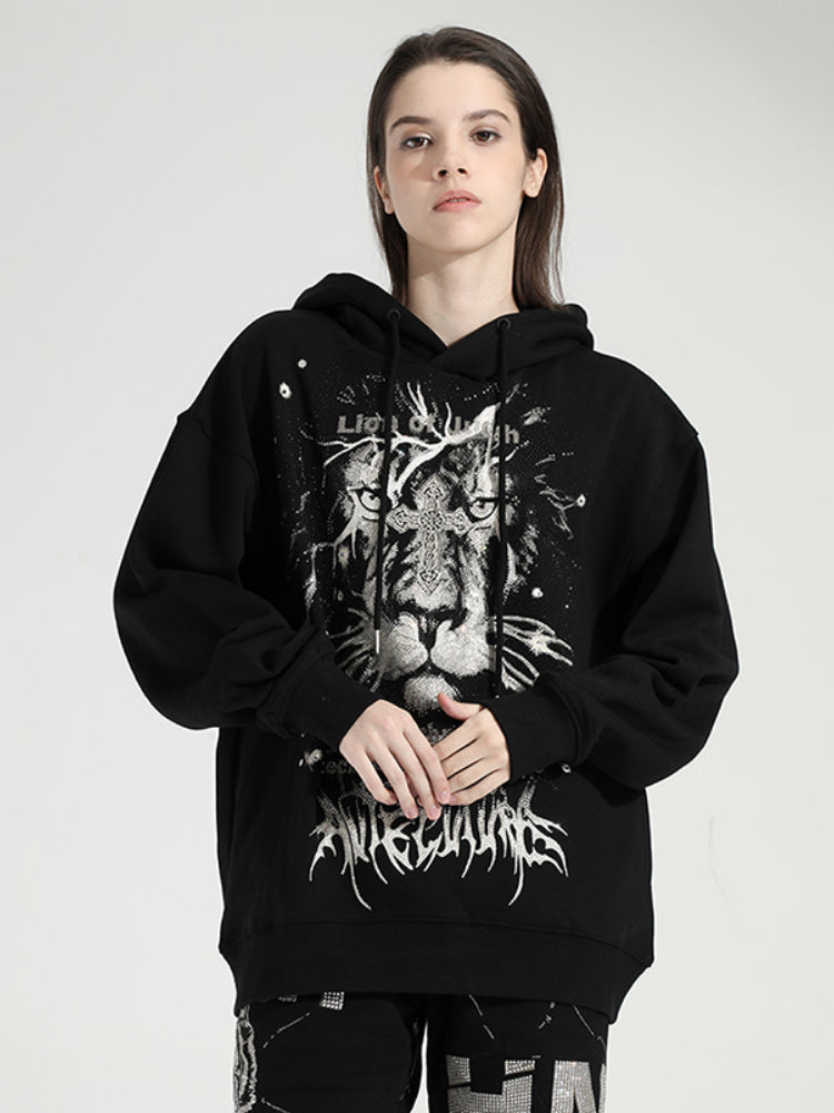 TCH Hot Diamond Lion Printed Drawstring Long Sleeve Hoodies