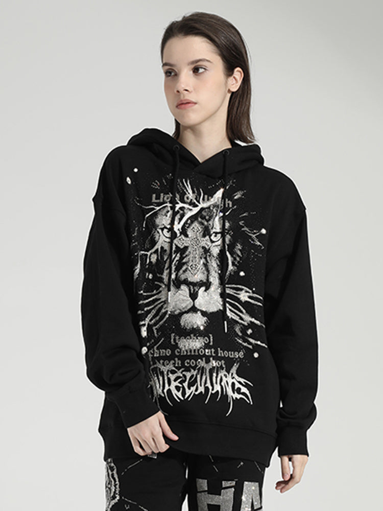 TCH Hot Diamond Lion Printed Drawstring Long Sleeve Hoodies