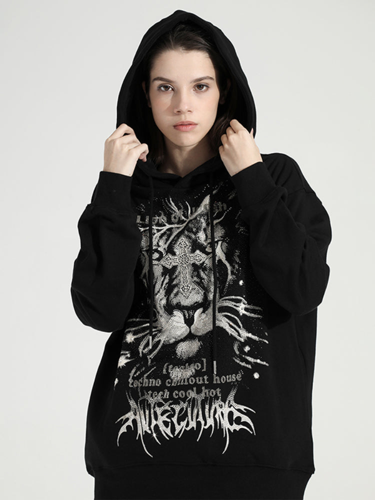 TCH Hot Diamond Lion Printed Drawstring Long Sleeve Hoodies