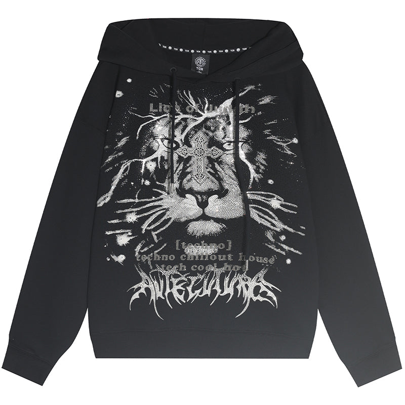 TCH Hot Diamond Lion Printed Drawstring Long Sleeve Hoodies