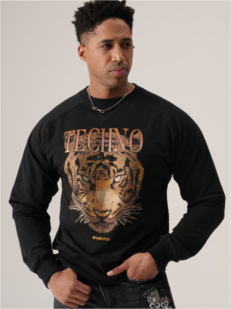 TCH Men's Tiger Printed Rhinestone Cotton Sweatshirt