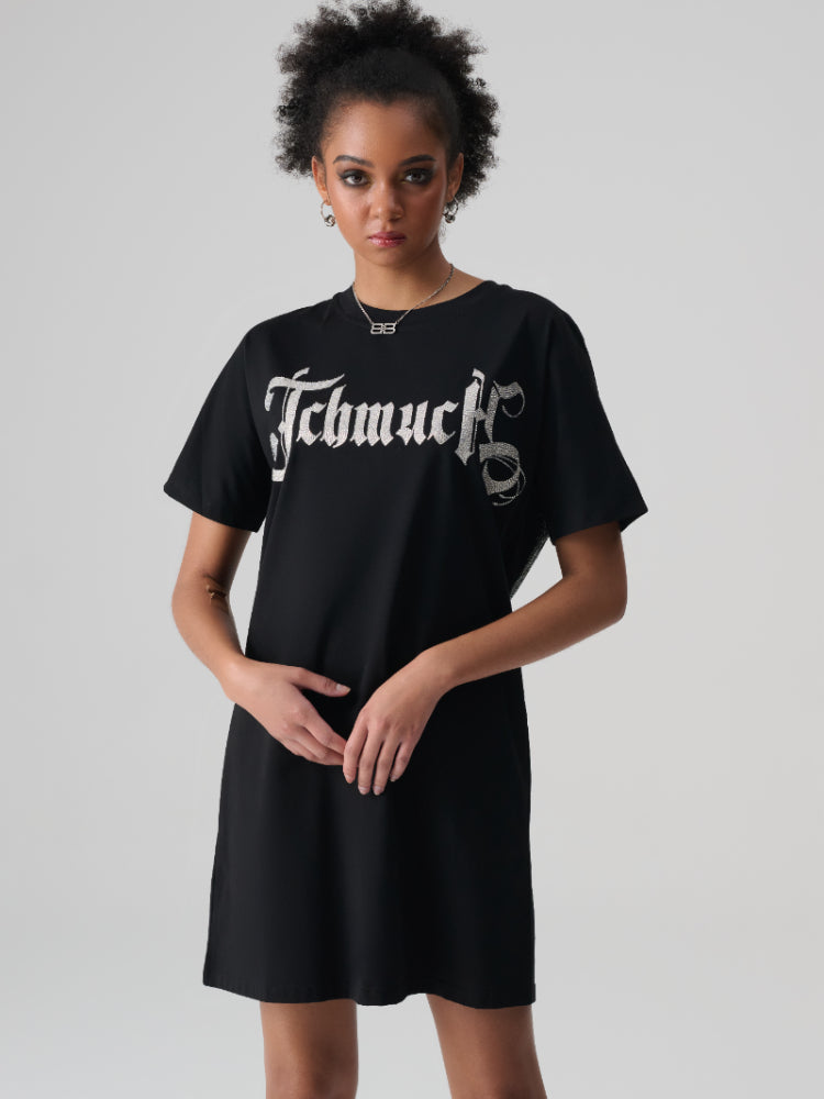 TCH Letter Printed Rhinestone Casual T-shirt Mini Dress