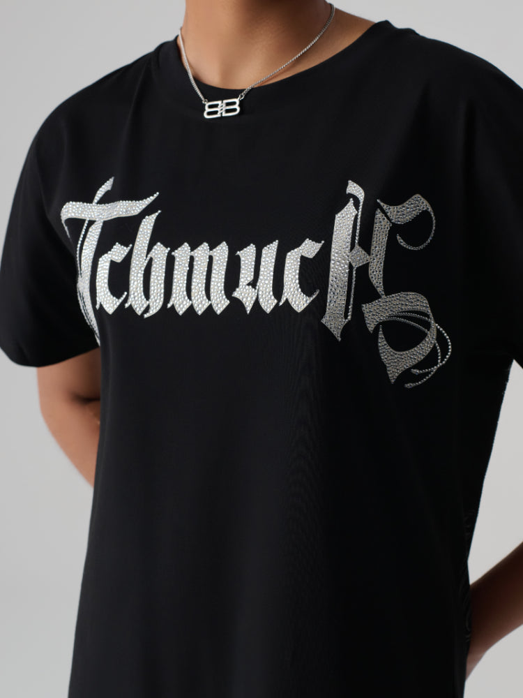 TCH Letter Printed Rhinestone Casual T-shirt Mini Dress