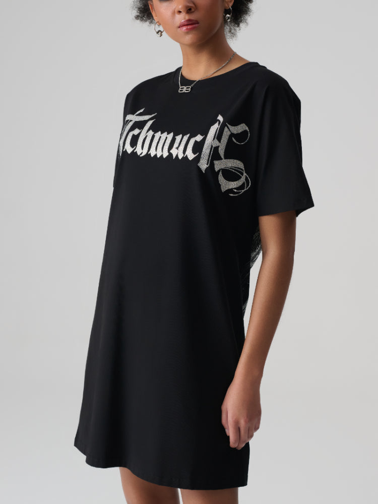 TCH Letter Printed Rhinestone Casual T-shirt Mini Dress