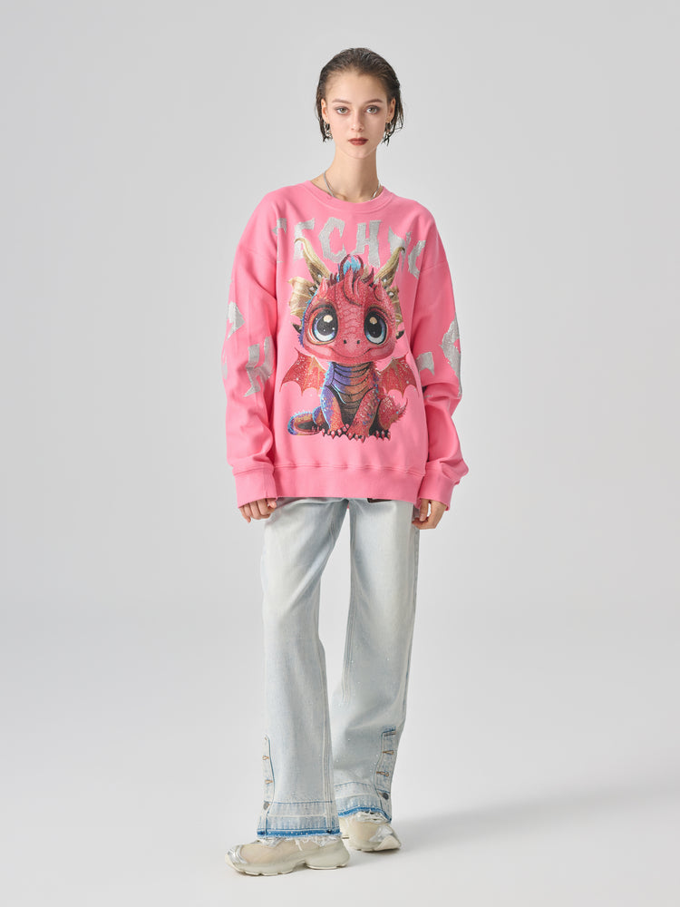 TCH Oversized Cartoon Dragon Rhinestone Sweatshirt