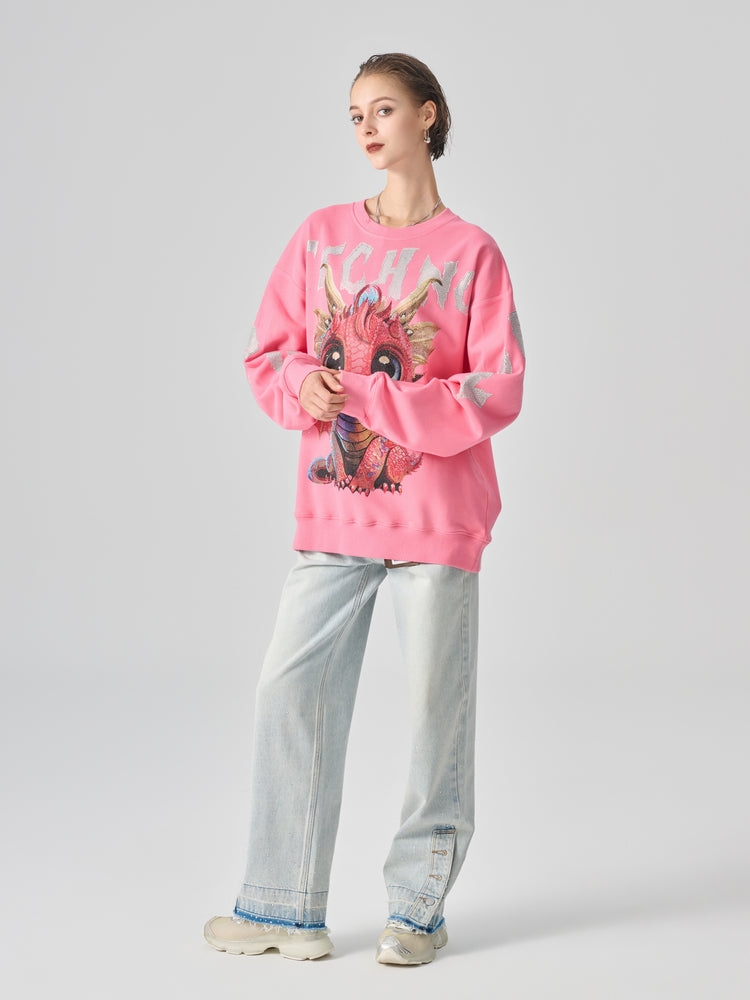 TCH Oversized Cartoon Dragon Rhinestone Sweatshirt