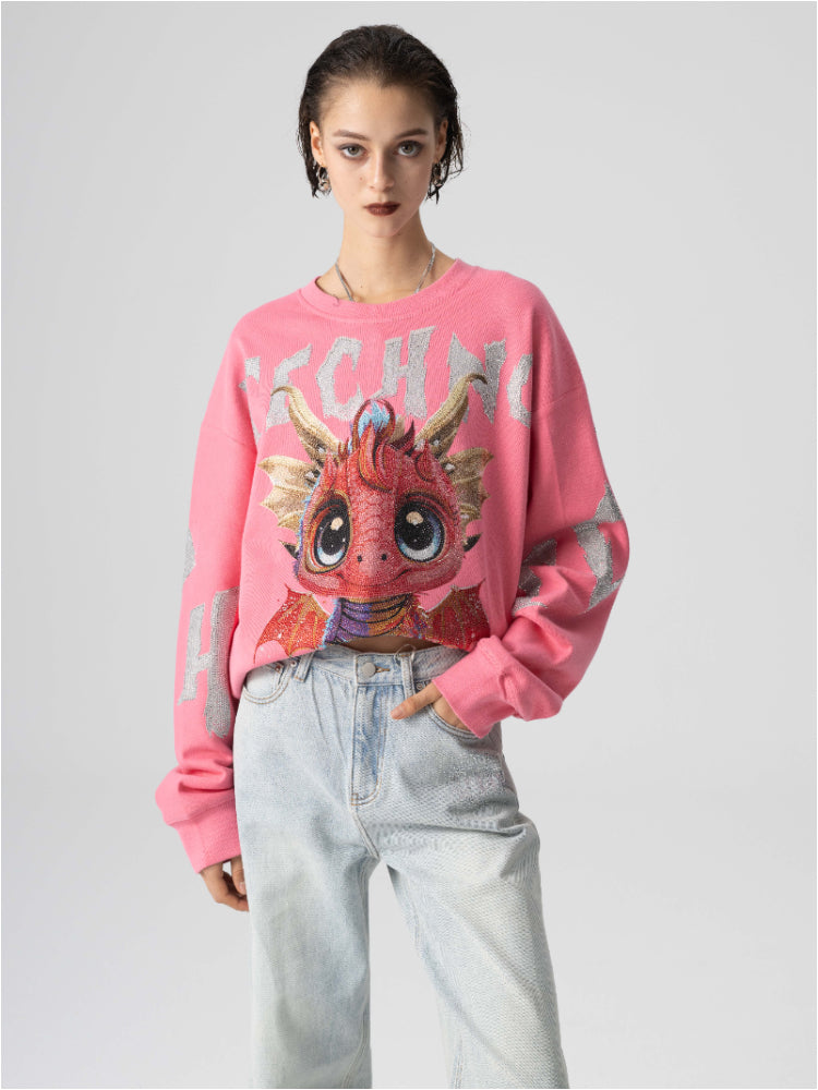 TCH Oversized Cartoon Dragon Rhinestone Sweatshirt