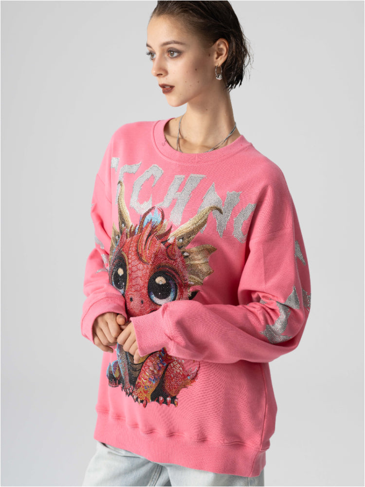 TCH Oversized Cartoon Dragon Rhinestone Sweatshirt