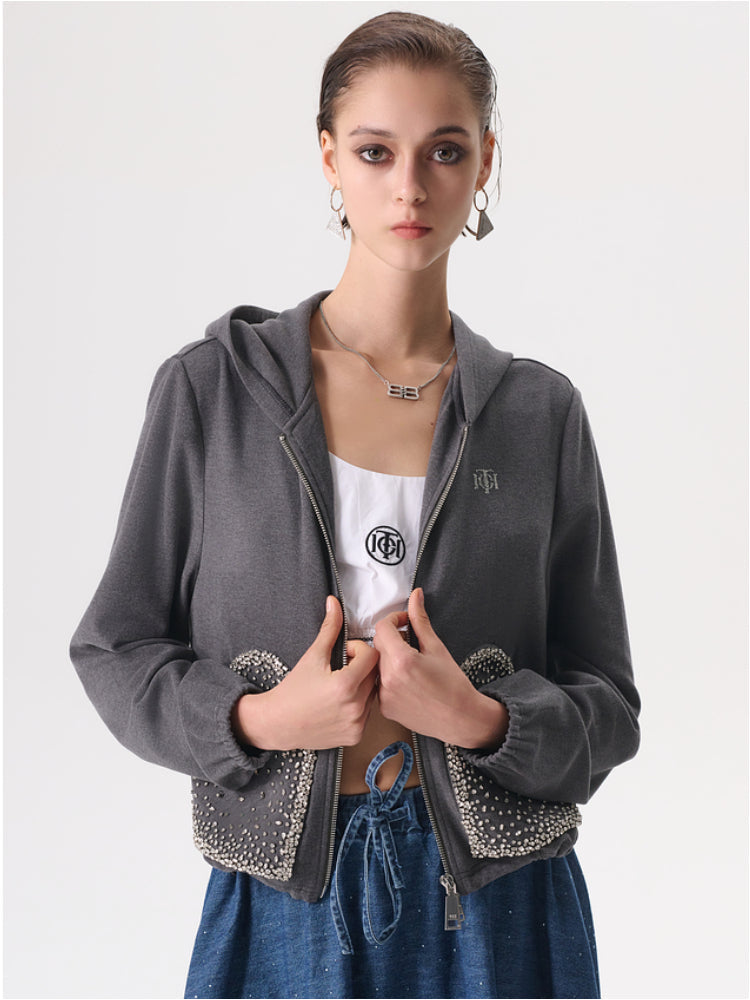 TCH Rhinestone Zip Up Hoodie Knitted Jacket
