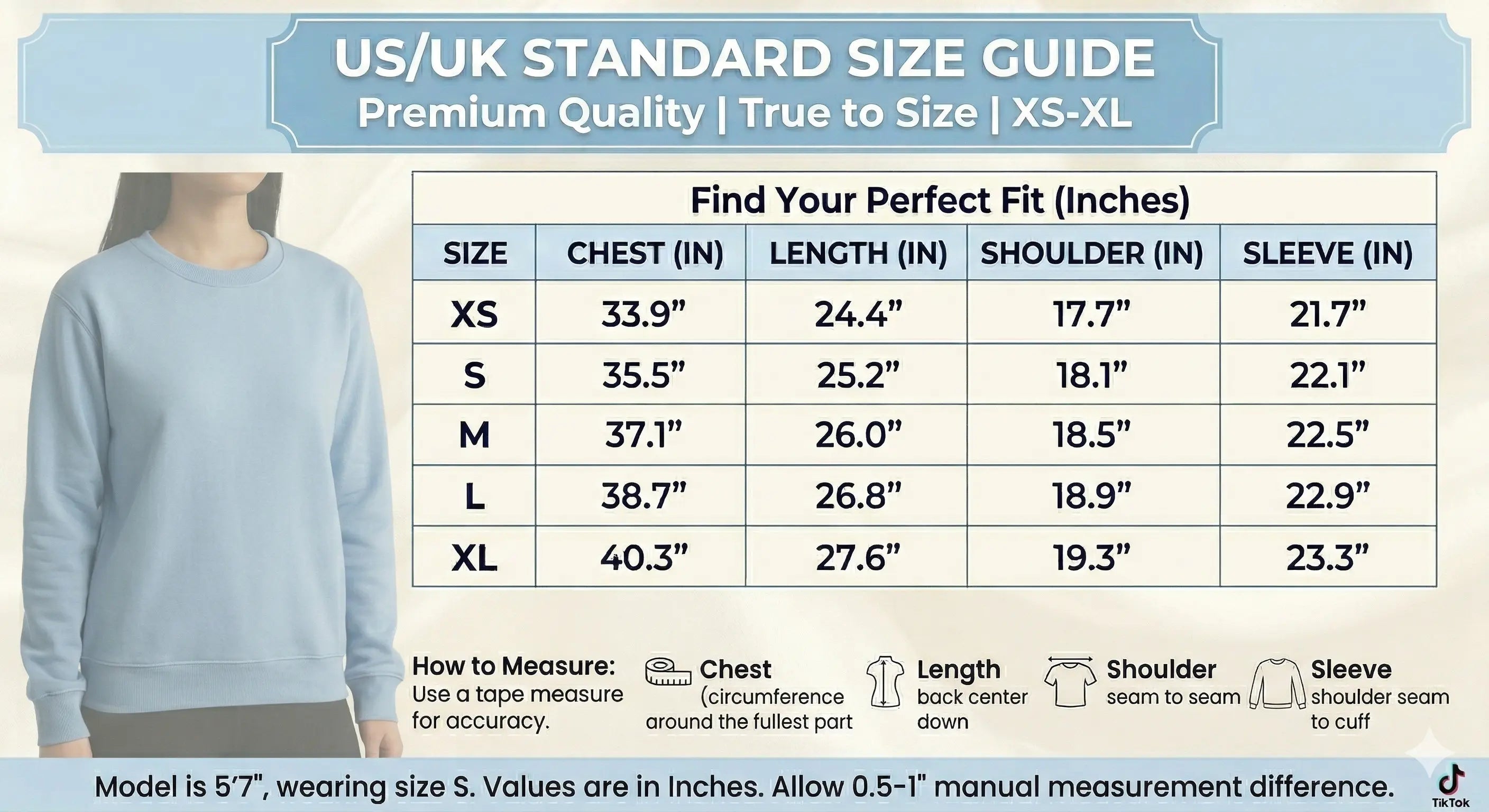 US/UK standard size guide for clothing with measurements in inches. TCH 1976 Rhinestone Wings Sweatshirt
