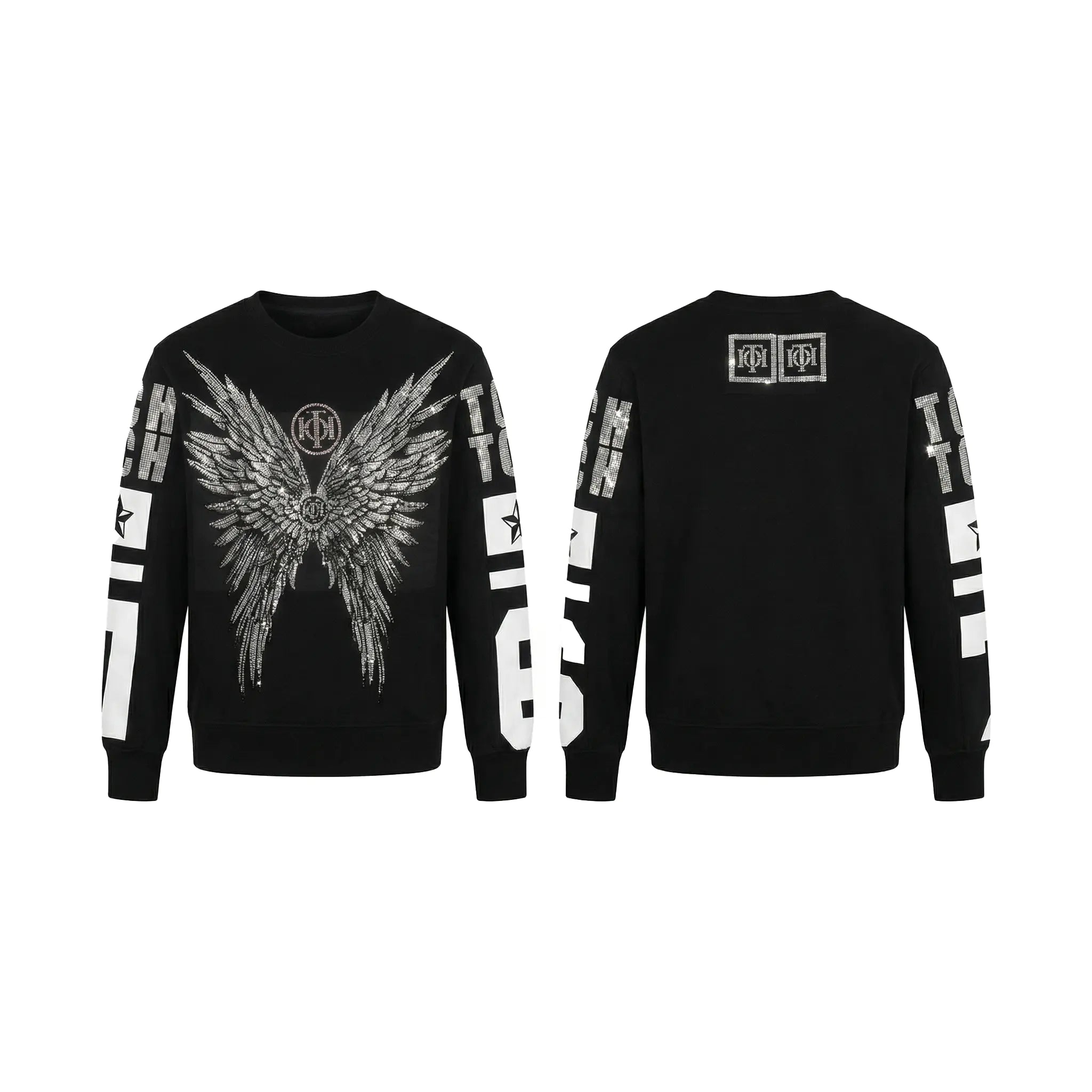 Black sweatshirt with winged design on front and text on sleeves, displayed from front and back views. TCH 1976 Rhinestone Wings Sweatshirt