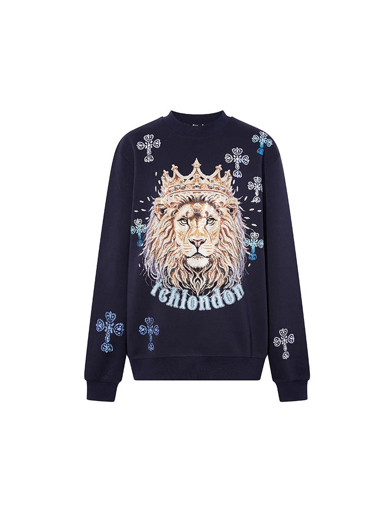 tch 2026 oversized lion rhinestone graphic sweatshirt navy HighEnd Luxury Streetwear Brand Official Showcase