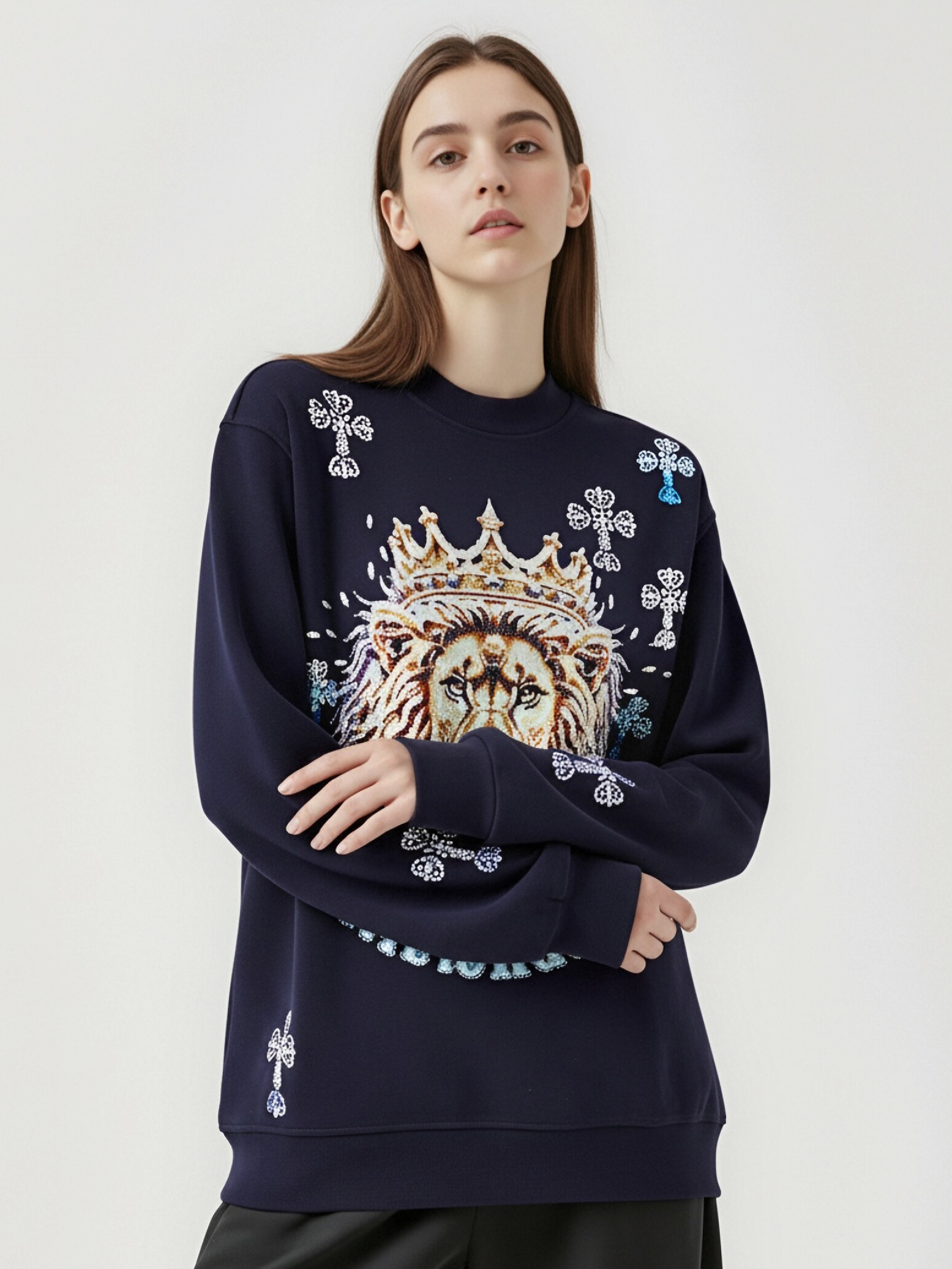 tch 2026 oversized lion rhinestone graphic sweatshirt navy HighEnd Luxury Streetwear Brand Official Showcase