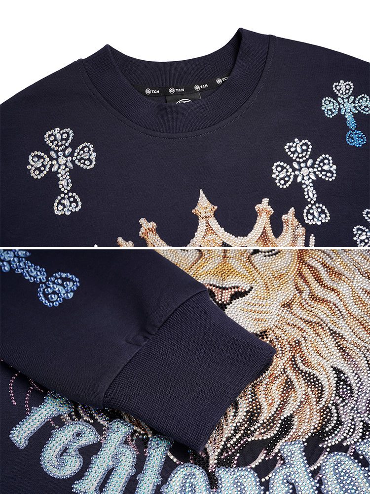 tch 2026 oversized lion rhinestone graphic sweatshirt navy HighEnd Luxury Streetwear Brand Official Showcase