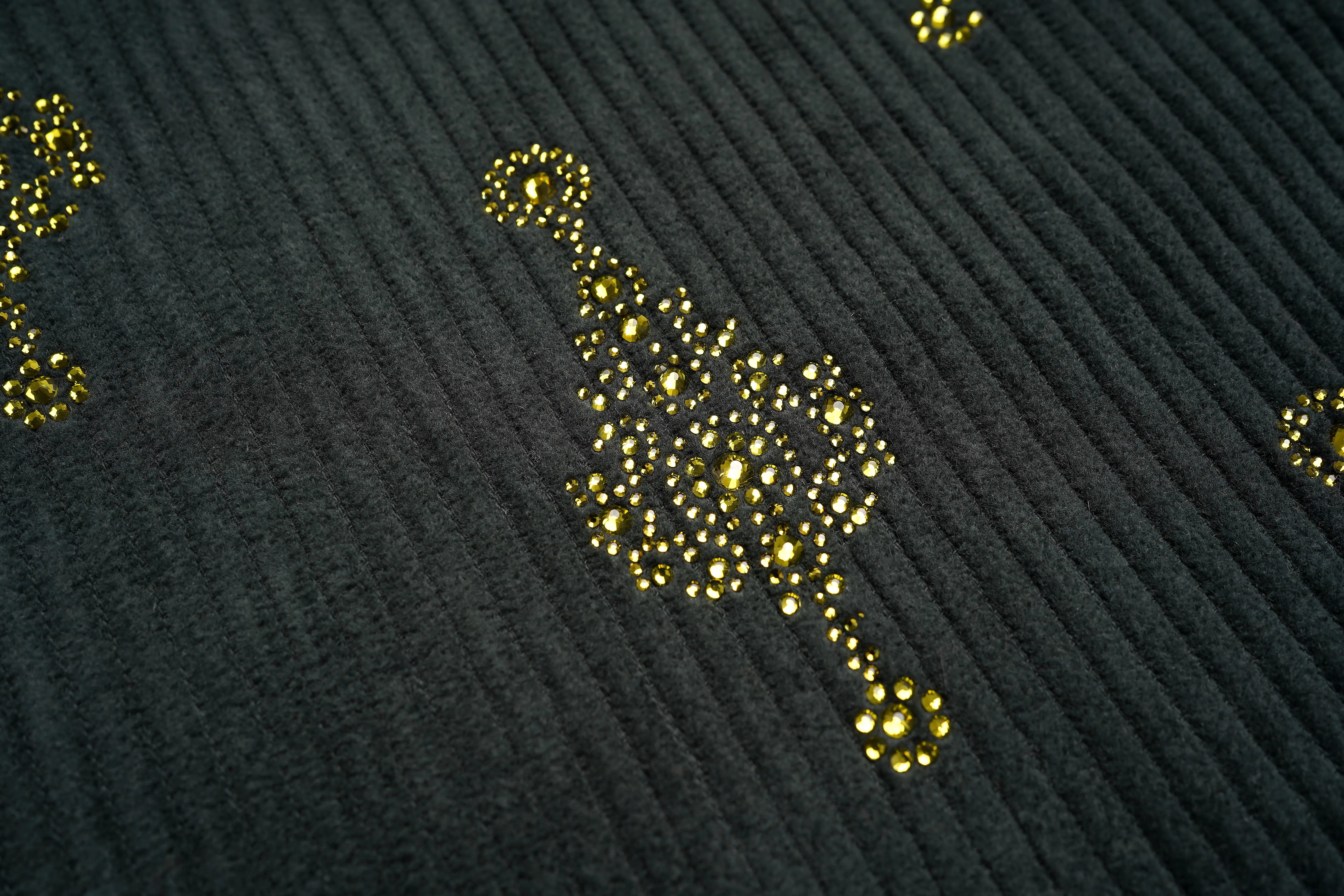 Gold rhinestone pattern on a textured black fabric background, TCH All-Over Rhinestone Pendant Dark Grey Jogger Pants