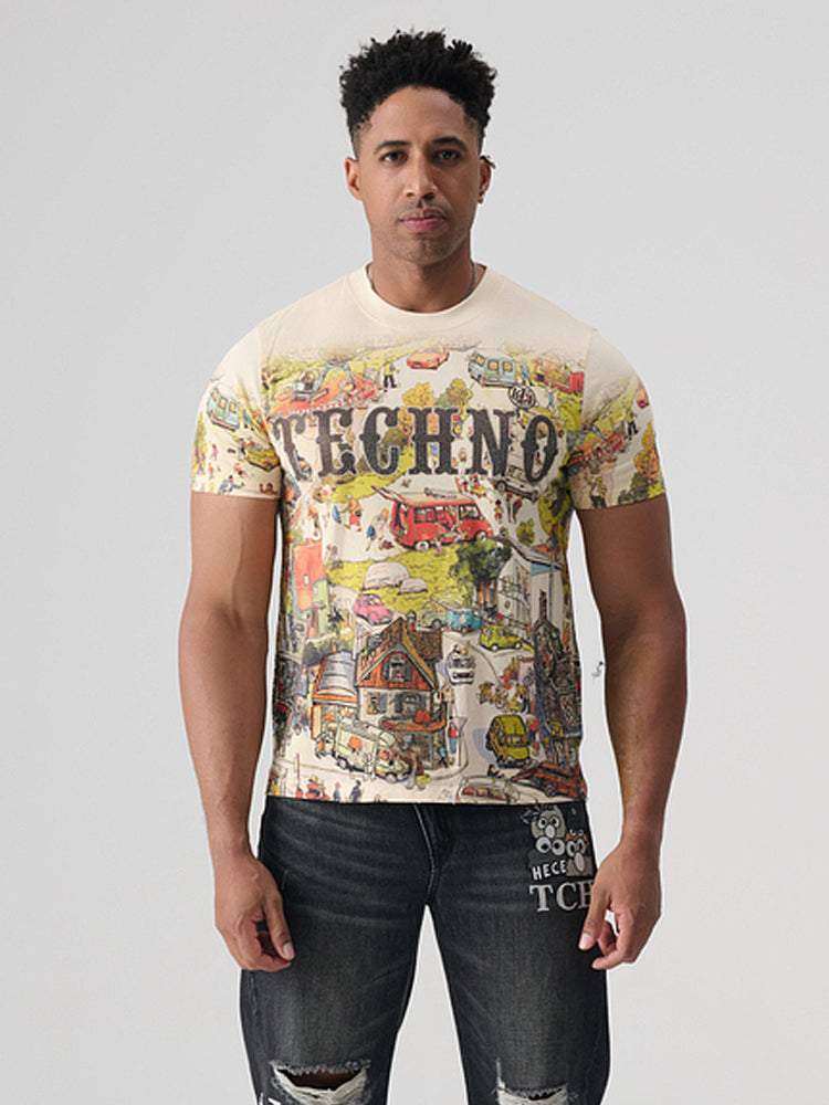 tch allover rhinestone graphic painting cotton t-shirt beige HighEnd Luxury Streetwear Brand Official Showcase