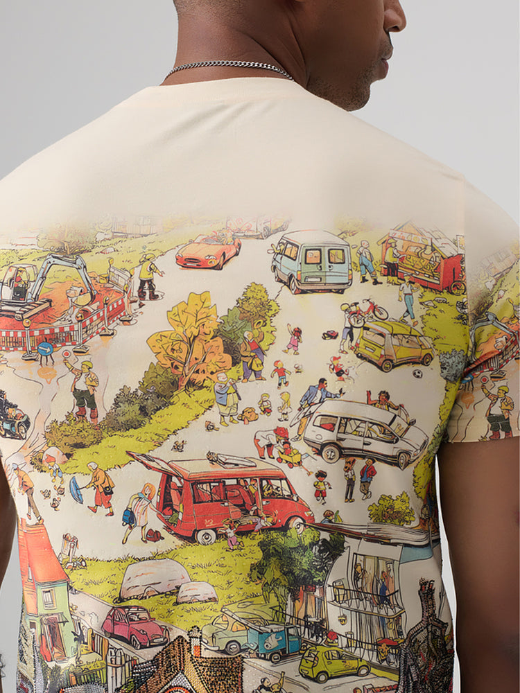 tch allover rhinestone graphic painting cotton t-shirt beige HighEnd Luxury Streetwear Brand Official Showcase