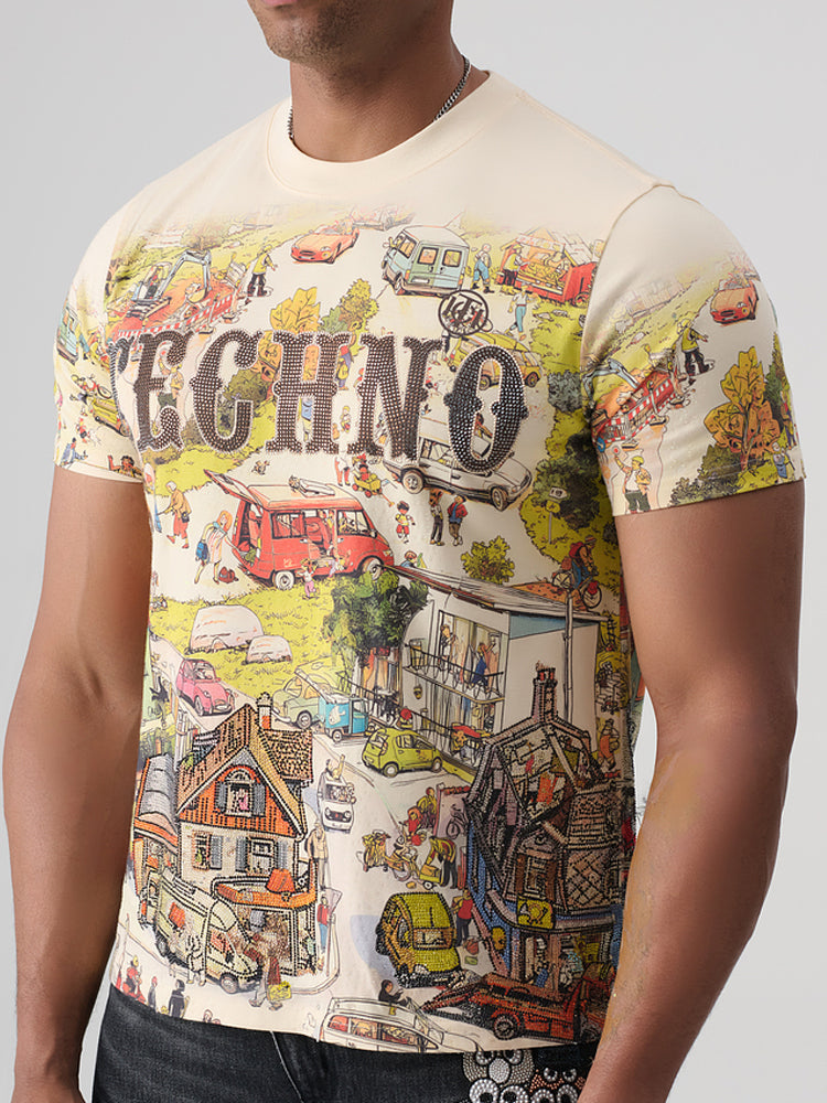 tch allover rhinestone graphic painting cotton t-shirt beige HighEnd Luxury Streetwear Brand Official Showcase