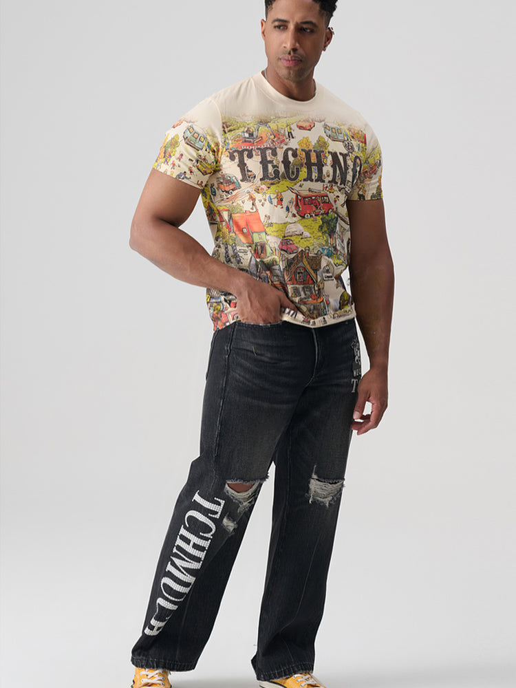 tch allover rhinestone graphic painting cotton t-shirt beige HighEnd Luxury Streetwear Brand Official Showcase