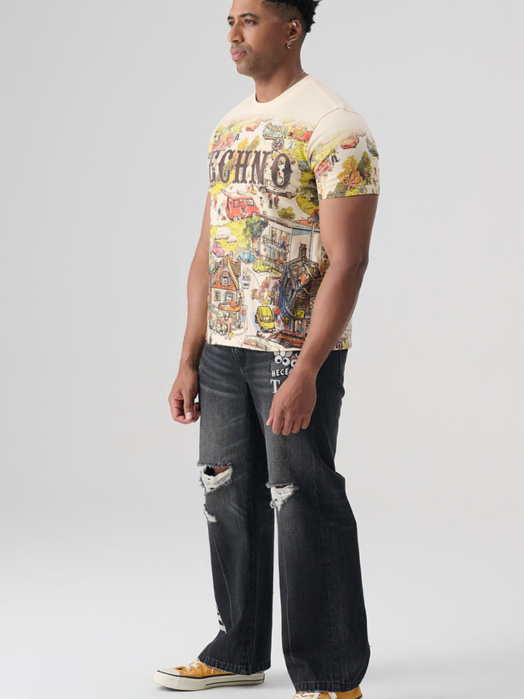 tch allover rhinestone graphic painting cotton t-shirt beige HighEnd Luxury Streetwear Brand Official Showcase